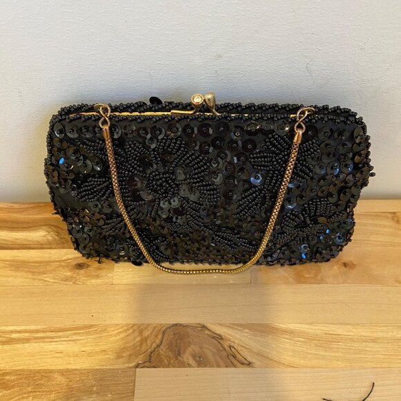 Vintage Du-Val Black Beaded & Sequined Evening Clutch Purse With Gold Chain Hand - Picture 2 of 13